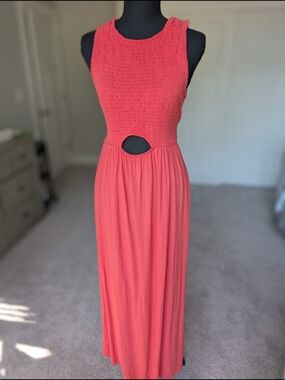 Sleeveless Coral Maxi Dress with Waist Cutout